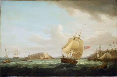 Obchodní loď a další plavidla u hradu Cornet na ostrově Guernsey v Anglii. Olej na plátně, kolem roku 1796, autor Thomas Whitcombe (1763-1825). od Thomas Whitcombe