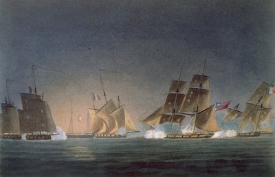 HMS Rinaldo angažující čtyři francouzské lupiče, vyrylo J. Bailey pro „Námořní chronologii Velké Británie“ od J. Ralfe, vydáno 1820 od Thomas Whitcombe