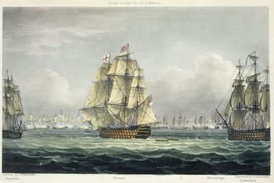 HMS Victory plující pro francouzskou linii lemovanou Euryalem a HMS Temeraire v bitvě u Trafalgaru, 21. října 1805, vyryto T. Sutherlandem pro „Námořní chronologii Velké Británie“ od Thomas Whitcombe
