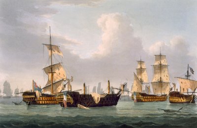 Akce lorda Hothama, 14. března 1795, vyryl Thomas Sutherland pro knihu J. Jenkinse "Naval Achievements", 1816 (barevná rytina) od Thomas Whitcombe