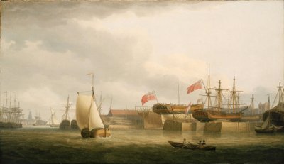 Loděnice na Temži (Anglie), v Redriffu, naproti věži kostela svaté Anny v Limehouse. Olej na plátně od Thomas Whitcombe