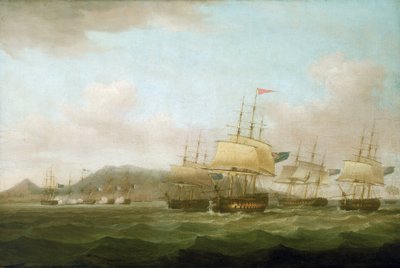 Dobytí Saint Paul u ostrova Bourbon (dnes ostrov Réunion) britskou flotilou 21. září. od Thomas Whitcombe