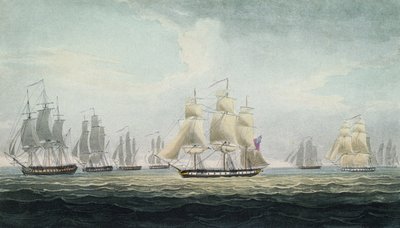 Námořní manévr sira Grahama Moora (1764-1843), velitele eskadry čtyř fregat britského královského námořnictva, která 5. října u španělského Cádizu zajala španělskou flotilu s pokladem. od Thomas Whitcombe