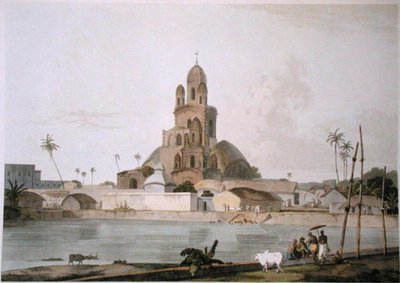 Pagoda Govindy Ram Mittee, Kalkata, deska V z „Oriental Scenery“, vydaná v roce 1800 (barevná akvatinta) od Thomas und William Daniell
