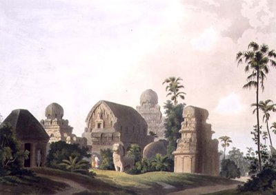 Sculptured Rocks v Mavalipuram na pobřeží Coromandel, deska I z části 3 hospody „Oriental Scenery“. 1799 (akvatinta) od Thomas und William Daniell