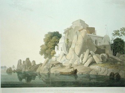 S.W. Pohled na skálu Fakeers Rock v řece Ganga poblíž Sultaungunge, deska 61 z „Oriental Scenery: Twenty Four Views in Hindoostan“, vydané v roce 1800 (barevné litho) od Thomas und William Daniell