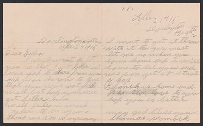 Dopis Thomase Womacka Julii Womack s obálkou, 7. dubna 1915. od Thomas Womack