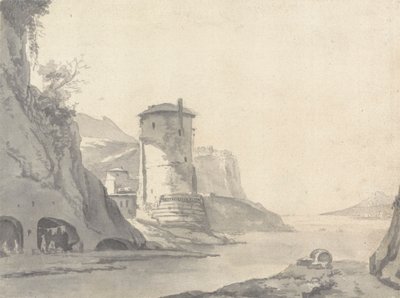 Vesnice v Rocky Coastal Inlet (italsky?) s kulatou věží na levém břehu od Thomas Wyck