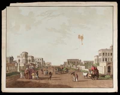 Old Court House Street při pohledu na jih z výhledů na Kalkatu od Thomas und William Daniell