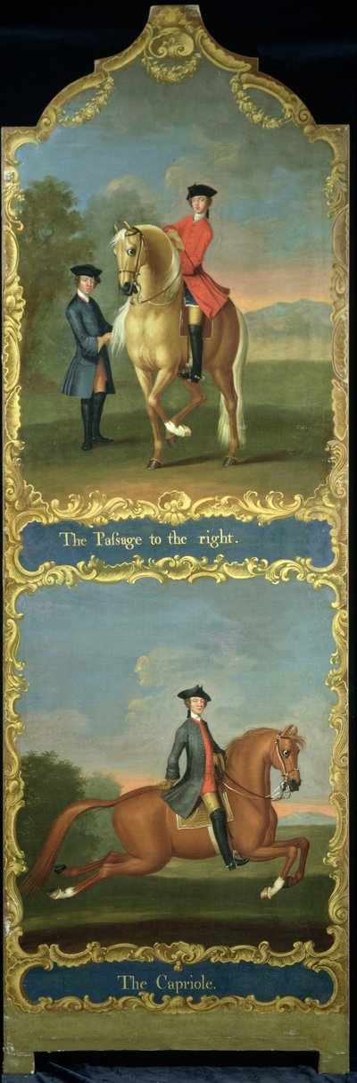 „The Passage to the Right“ (nahoře) a „The Capriole“ (dole), kolem roku 1750 od Thomas, of Pall Mall Butler