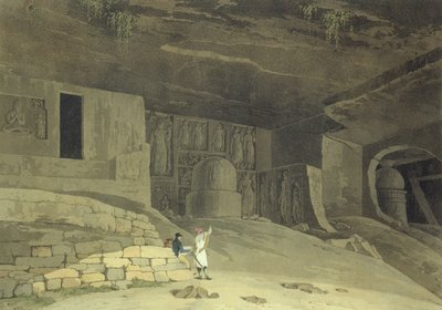 Část jeskyní Kanaree, Salsette, deska 62 z „Oriental Scenery: Twenty Four Views in Hindoostan“, vydané v roce 1800 od Thomas und William Daniell