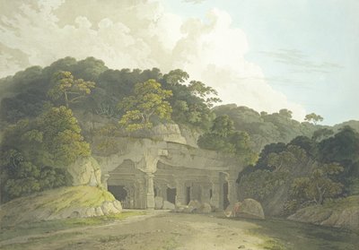 Vchod do jeskyně Elephanta, deska 58 z „Oriental Scenery: Twenty Four Views in Hindoostan“, vydaného roku 1800 od Thomas und William Daniell