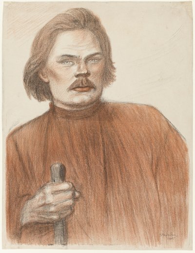 Frontální portrét Maxima Gorkého od pasu nahoru od Théophile Alexandre Pierre Steinlen