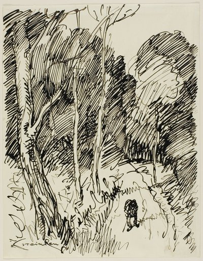 Zalesněná krajina s tulákem od Théophile Alexandre Pierre Steinlen