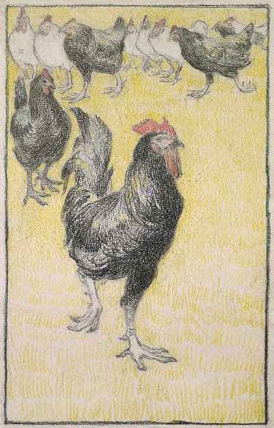Kohout, následovaný černobílými slepicemi (grafit s černou a barevnou křídou na bílém papíře, ohraničený černou křídou) od Théophile Alexandre Steinlen