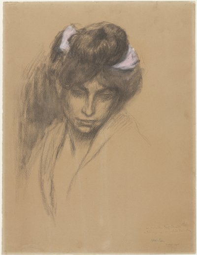 Tmavá dívčí hlava, těšící se dopředu, s fialovou stuhou namotanou ve vlasech od Théophile Alexandre Steinlen
