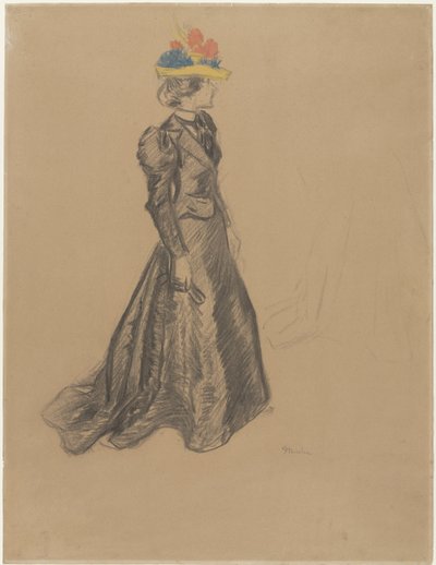 Stojící dáma v černém s vlečkou a barevným slaměným kloboukem s letními květinami od Théophile Alexandre Steinlen