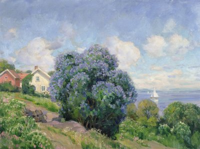 Letní krajina s šeříkovým keřem, domem a plachetnicí (olej na plátně) od Thorolf Holmboe