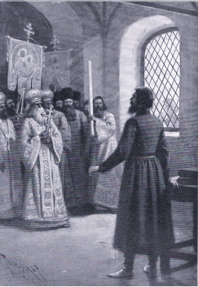 Boris Godunov v důchodu v klášteře prosil o přijetí svého zvolení carem, ilustrace z Landmarks in European History vydané nakladatelstvím Gresham Publishing Co, kolem roku 1920 (litho) od Thure de Thulstrup