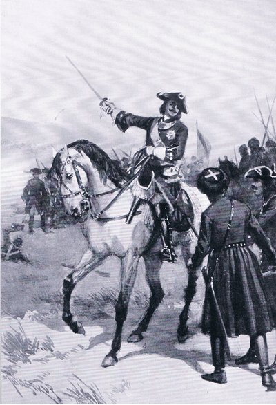 Petr Veliký v bitvě u Pultowy, ilustrace z Landmarks in European History vydané nakladatelstvím Gresham Publishing Co, kolem roku 1920 (litho) od Thure de Thulstrup