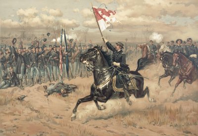 Sheridanova slavná jízda v bitvě u Cedar Creek Virginia v roce 1864 (barva litho) od Thure de Thulstrup