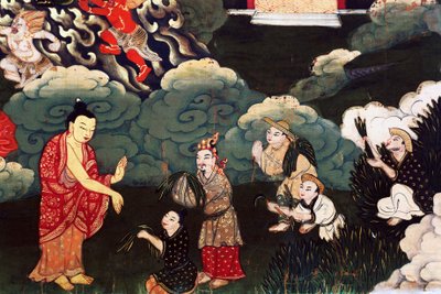 Nabízí trsy trávy, výjevy ze života Buddhy Šákjamuniho od Tibetan School