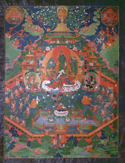 Thangka zobrazující Zelenou Taru (kvaš na textilu) od Tibetan School