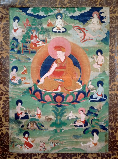 Lama Rdo Rje Grags Pa, který žil v 11. století, obklopen svými stoupenci, malba, tibetská civilizace od Tibetan School
