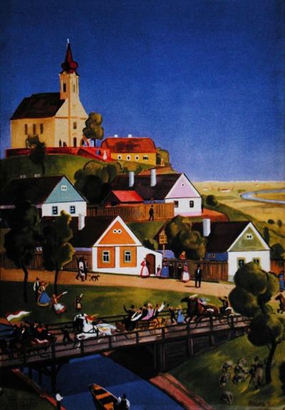 Typická maďarská vesnice, ilustrace z turistické brožury, cca 1930-40 (barevné lito) od Tibor Polya