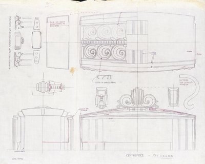 Kresba designu pro středovou část expozice Tiffany & Co. a dva třísvětelné svícny, vyrobené pro světovou výstavu v roce 1939, kolem roku 1939 (inkoust na papíře) od Tiffany and Company