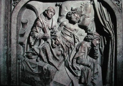 Hrob Jindřicha II. (973-1024) a jeho manželky Kunigundy, detail císaře operovaného sv. Benediktem od Tilman Riemenschneider