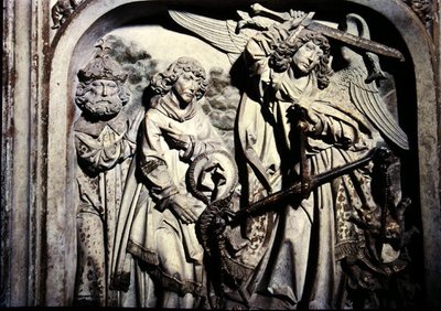 Hrob Jindřicha II. (973-1024) a jeho manželky Kunigundy, detail vážení srdce Jindřicha II. za přítomnosti sv. Vavřince od Tilman Riemenschneider