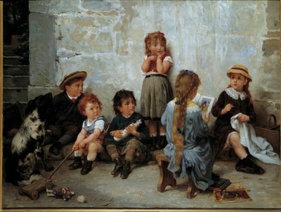 Napínavá pasáž Děti poslouchají knihu. Obraz Timoleona Lobrichona (1831-1914) 19. století. Soukromá sbírka od Timoleon Marie Lobrichon