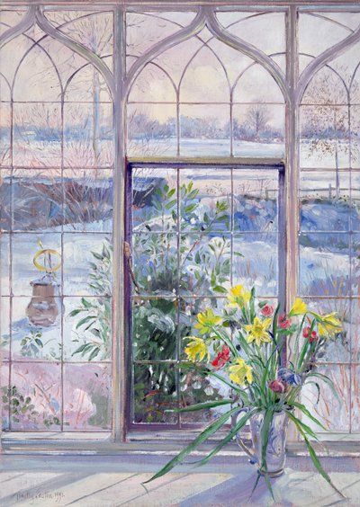 Narcisy a sluneční hodiny proti sněhu od Timothy Easton