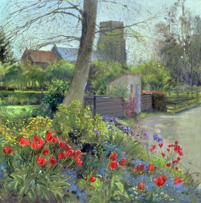 Kostel červených tulipánů a Bedfield (olej na plátně) od Timothy Easton