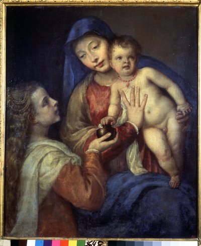 Madona a dítě s Marií Magdalénou. Obraz od Tiziana (Tiziano Vecellio nebo Vecelli nebo Tiziano da Cador od Titian (c.1488 1576)