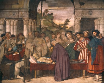 Zázrak srdce lakomce, detail ze scény ze života svatého Antonína Paduánského od Tiziana (asi 1490-1576), freska, Škola svatého nebo Scoletta, Padova od Titian (c.1488 1576)