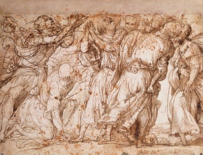 Studie skupiny apoštolů v kostele Nanebevzetí bratrů v Benátkách, Tiziano Vecellio (asi 1490-1576), kresba perem a tuší od Titian (c.1488 1576)