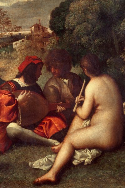 Koncert kapely Muzikanti na trávě, ženy jsou nahé. Detail. Obraz připisovaný Tiziano Vecellio dit le Titian (1485-1576) nebo Giorgio da Castelfranco dit Giorgione (1476/1478-1510) Sun. 1,05 X 1,36 m Paříž, musee du Louvre od Titian (c.1488 1576) (attr. to)