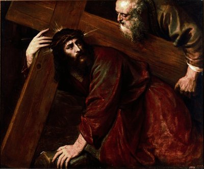 Kristus a Šimon Kyrenejský Šimon z Kyrény (Kyrenejský) pomáhají Ježíšovi nést jeho kříž. Obraz Tiziana Vecellia zvaný Tizian (1485-1576) od Tiziano Vecelli