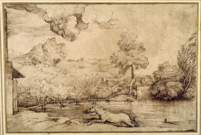 Krajina: kůň bez jezdce pronásledovaný hadem (pero a hnědý inkoust na smetanově zbarveném papíře) od Titian (c.1488 1576)