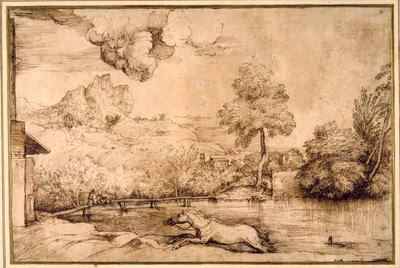 Krajina: kůň bez jezdce pronásledovaný hadem (pero a hnědý inkoust na krémovém papíře) od Titian (c.1488 1576)