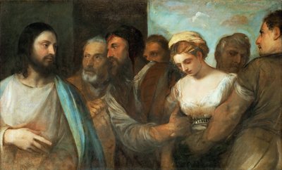 Le Christ et la femme adultere - Kristus a žena chycená v cizoložství, Tizian (1488-1576). Olej na plátně, c. 1520. Rozměr : 82,5x136,5 cm. Uměleckohistorické muzeum, Vienne od Tiziano Vecelli