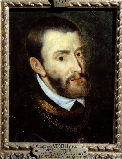 Portrét císaře Karla V. (1500-1558) Obraz od Augustina Quesnela (1595-1661) podle Tiziana Vecellia známý jako Le Titian (1485-1576) 16. století. Chantilly, Musee Conde od Titian (c.1488 1576)