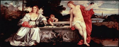 Posvátná láska a světská láska Obraz Tiziana Vecellia zvaný Tizian (1490-1576) 1515 cca. Slunce. 118x279 cm Řím, Galleria Borghese - Posvátná a profánní láska - Obraz Tiziana Vecellia, zvaného Tizian (asi 1488-1576), olej na plátně, ca. 1515 (118x279 od Tiziano Vecelli