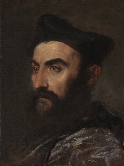 Portrét klerika, po poprsí, v modrém plášti a černém klobouku - fragment od Tiziano Vecelli