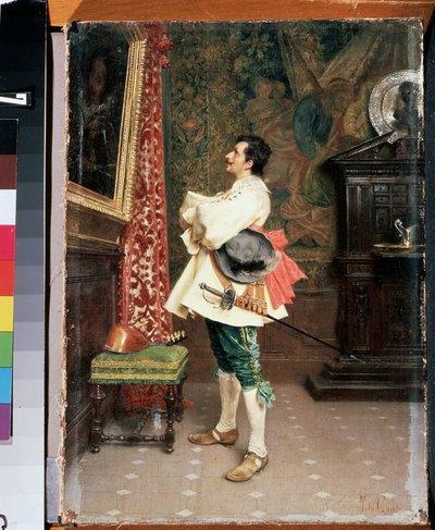 "Before a Portrait" (Before a Portrait) Muž oblečený v uniformě mušketýra ze 17. století obdivující obraz (jeho vlastní portrét) Obraz od Tita Contiho (1842-1924) Muzeum umění Michaila Krošitského, Sevastopol (Sevastopol) Ukrajina od Tito Conti