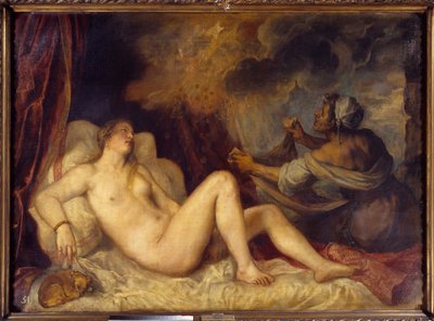 Danae přijímající zlatý déšť Zeus přichází k Danae, aby ho svedl v podobě deště zlatých mincí. Obraz Tiziana Vecellia s názvem The Tizian (1488-1576) 1553 Sun. 1,29x1,8 m Madrid, muzeum Prado od Tiziano Vecelli