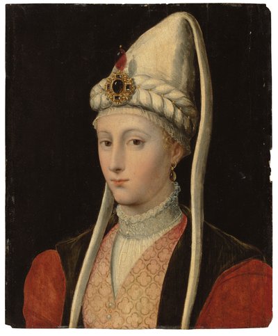 Portrét ženy, možná Haseki Hürrem Sultan, zvaná Roxelana, po poprsí, v osmanském kroji, s čelenkou zdobenou drahokamy od Tiziano Vecelli