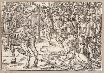 Cincinnatus nařídí Aequianům projít pod jhem od Tobias Stimmer